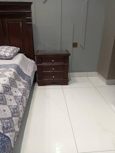 wooden bed, 2 sides and dressing table