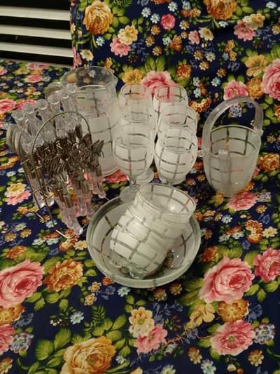 Elegant Frosted glass water Set with jug 6 Goblet Glasses Ice Bucket