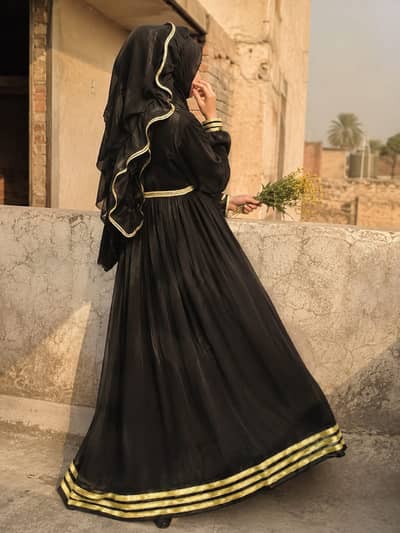 "Stylish Black Maxi Dress - Gold Border - One Time Used