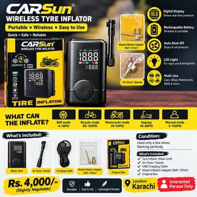 Carsun Wireless Tyre Inflator – Portable Air Compressor