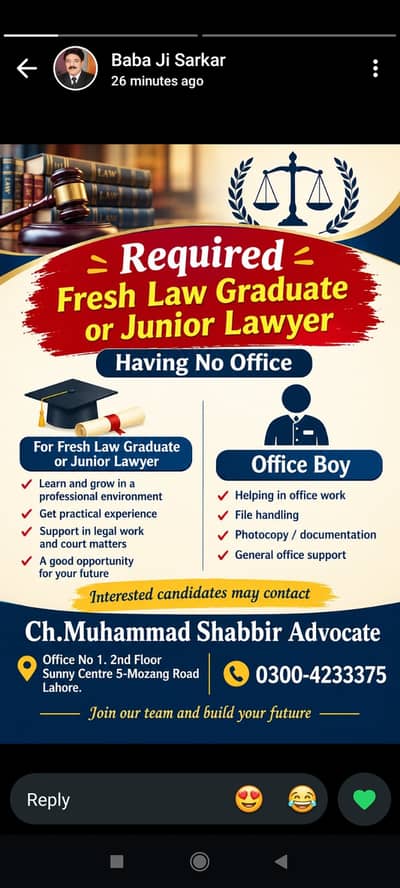 fresh law graduate or junoir lawyer required