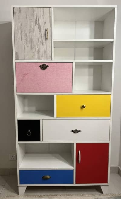 Storage Cabinet with Open Shelves, Drawers, and Cupboards