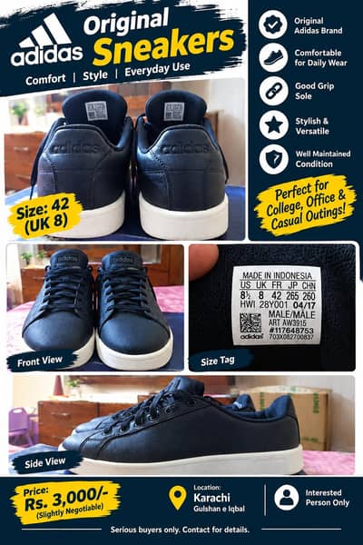Adidas Original 42 Size Black Sneakers