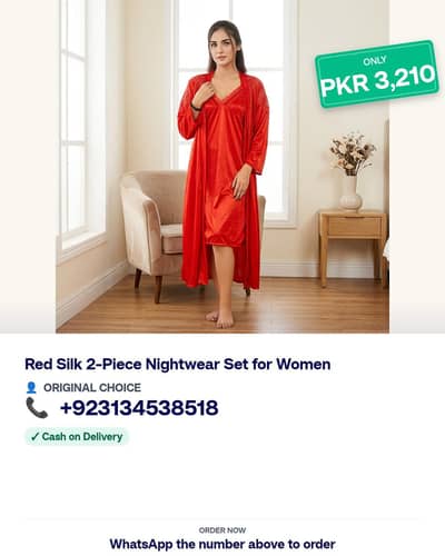 Red Silk 2-Piece Nightwear Set for Women