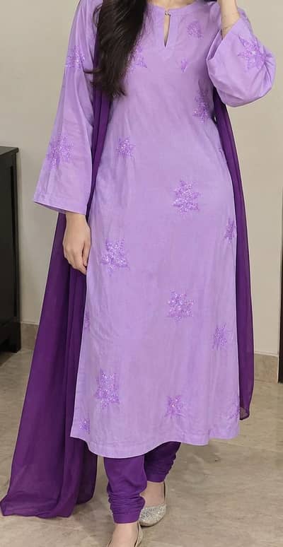lilac A-line kurti kamez with purple churidar pajama