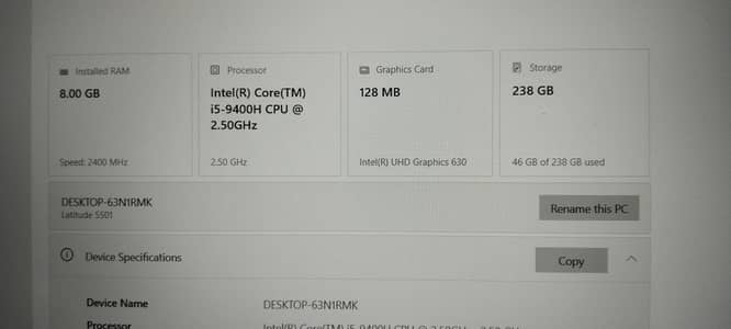 Dell Latitude i5 9th Generation with H processor