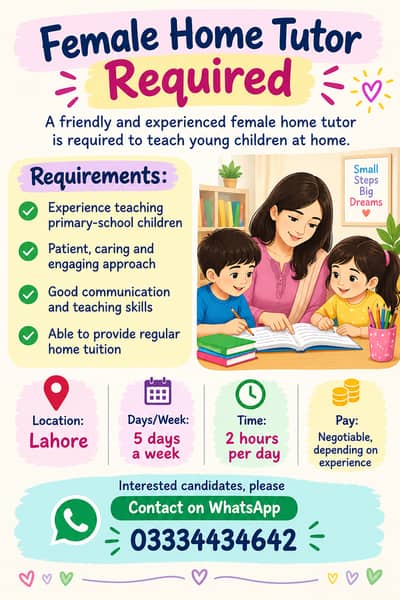 Female home tution teacher required