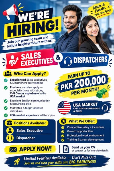 Hiring for Sales executive and dispatchers
