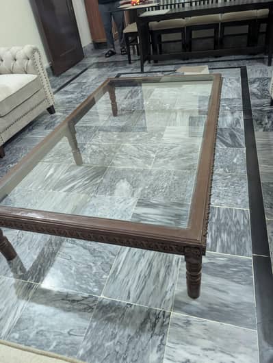 Luxury solid wood centre table - Hand carved design with glass top