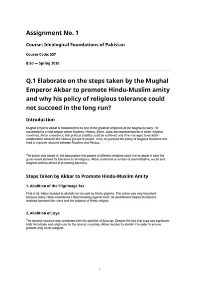 Allama Iqbal Open University Ideological Foundations of Pakistan