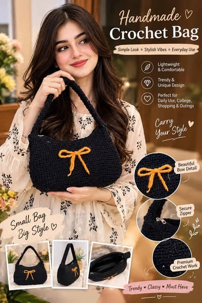 Handmade Crochet Bow Handbag- Stylish & Unique| Client of Meer Sultan
