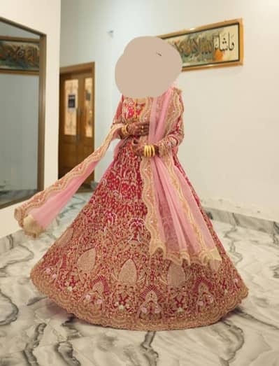Bridal dress/lehenga shocking pink hand embellished with tail dupatta