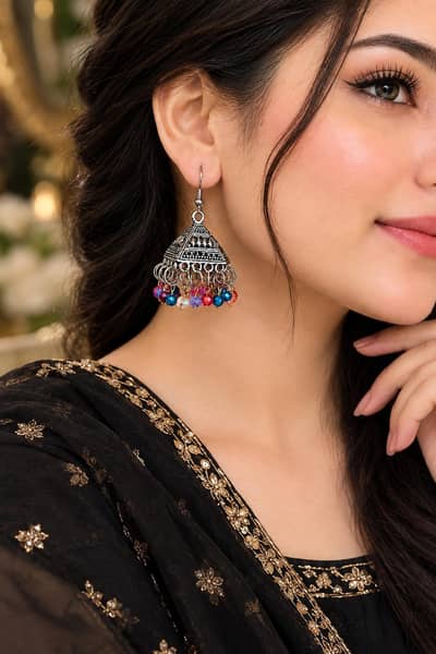Elegant Oxidized Silver Jhumka Earrings | Client of Meer Sultan