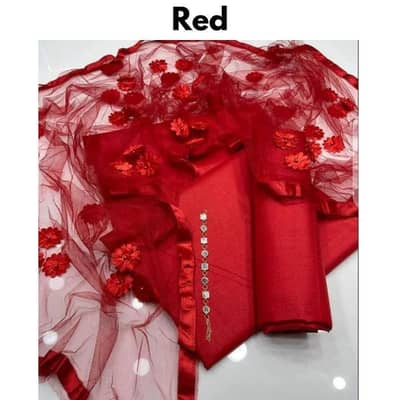 Red katan silk unstitched suit with floral net dupata