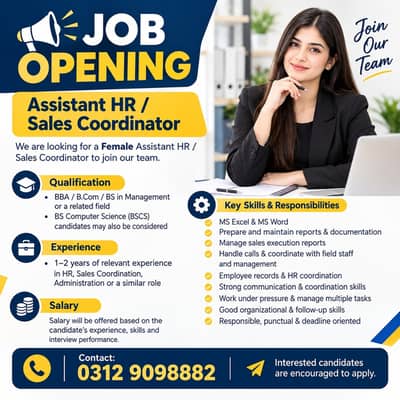 Assistant HR / Sales Coordinator Required | Jobs / Female Jobs