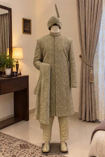 Premium Men’s Embroidered Sherwani with Turban – Groom Wedding Wear