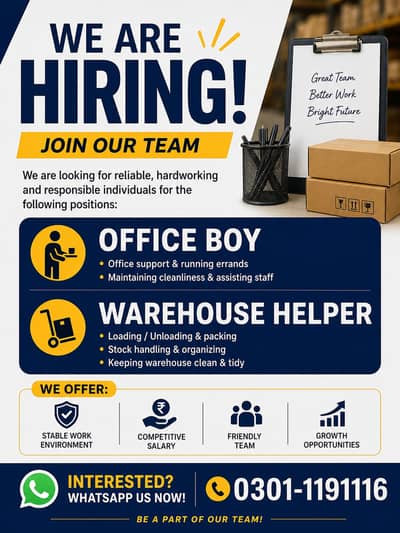 Hiring Office Boy & Warehouse Helper Job Available
