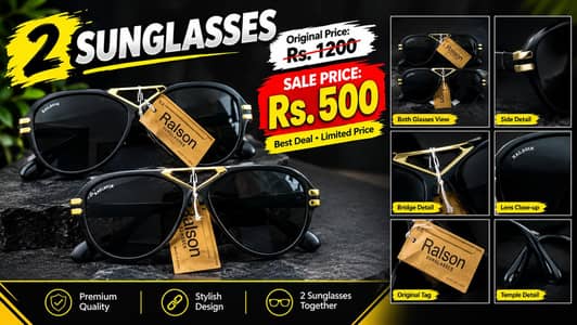 2 Ralson Sunglasses | Stylish Black & Gold | Both Only Rs. 500