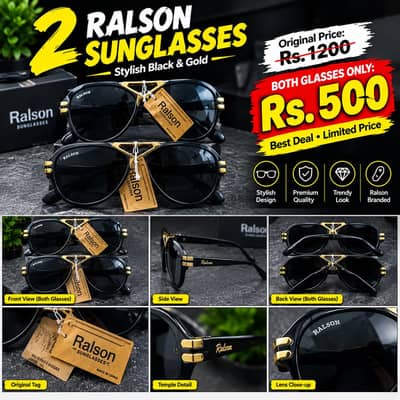 2 Ralson Sunglasses | Stylish Black & Gold | Both Only Rs. 500