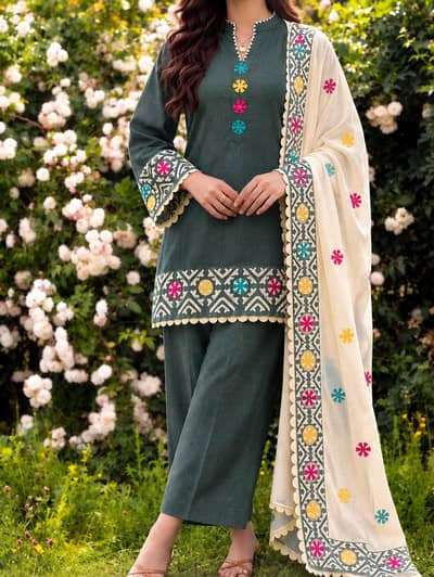 women three piece suit on applic work fabric khadi silk