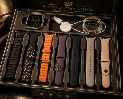 7 straps,with back cover,one protector sheet,with new charger.