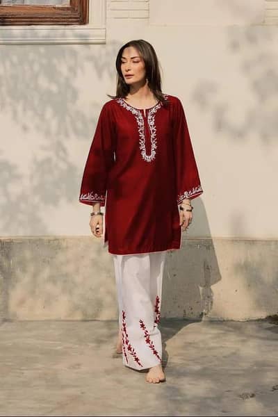Women Embroidered Cotton Pajama Set Red With 2 Pcs