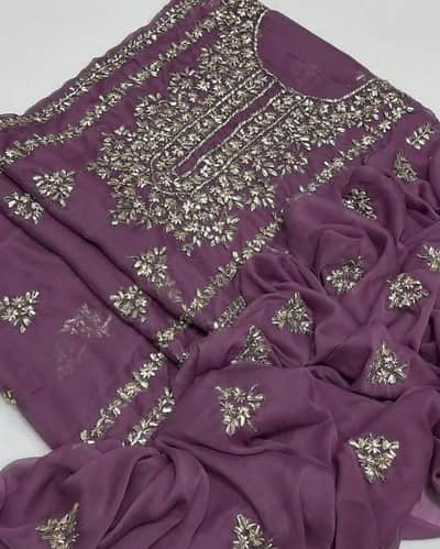 Beautiful Purple Chiffon Hand Embroidered Suit Set