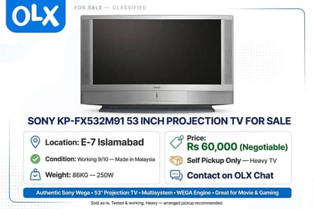 `Sony KP-FX532M91 53 Inch Projection TV - E-7 Islamabad - Rs 60000`