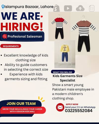 Garments shop salesman required Mens and kids