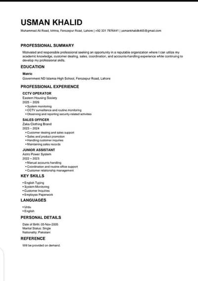 I need a job contact Number 03317876441