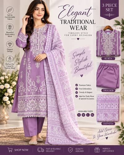 Ladies 3 Piece Embroidered Suit – Lilac Kurta Trouser & Printed Dupatt