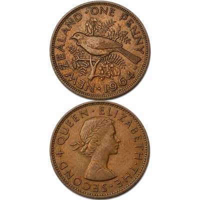 Vintage 1964 New Zealand 1 penny/Queen Elizabeth II /Tui Bird