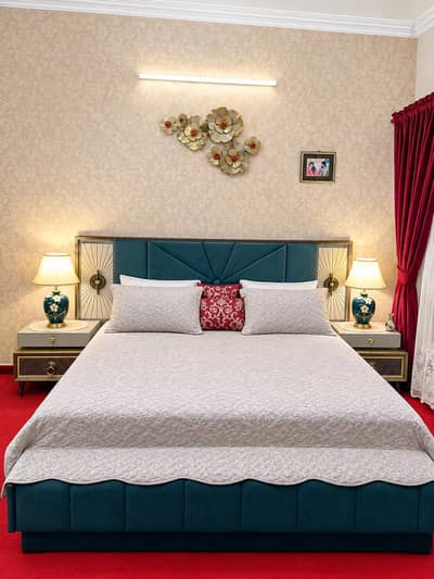 Luxury Teal Velvet & Wood King Bed Set with Designer Dressing Table