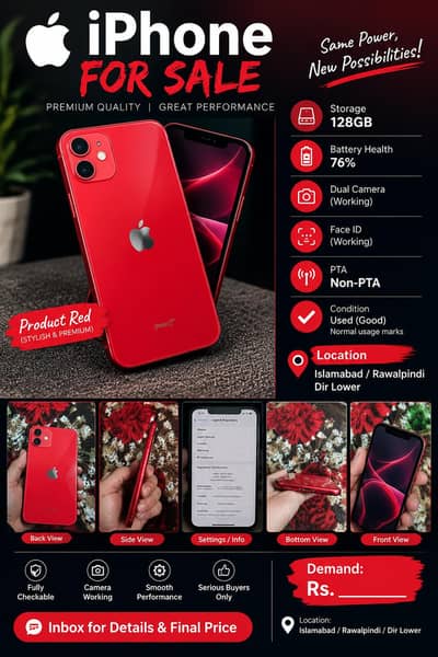 Apple iPhone 128GB | Non-PTA | Face ID OK | Battery 76% | Red