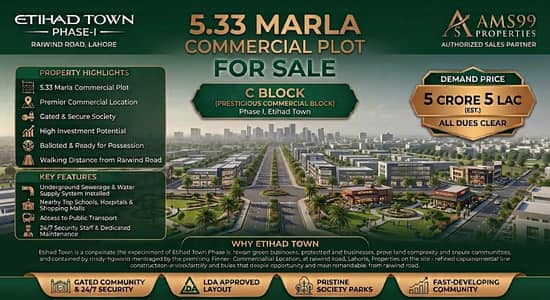 Executive 5.33 Marla Commercial Plot for Sale Block C, Etihad Town Phase 1