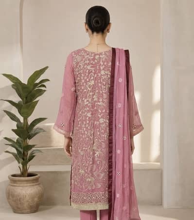Elegant Pink Embroidered 3-Piece Chiffon Suit