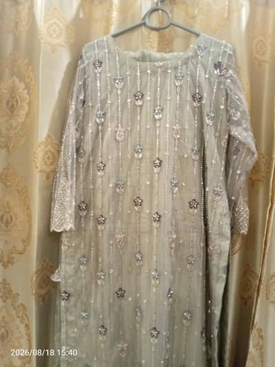 Grey Heavy Embroidery Net Dress 3 Pcs in brand new condition