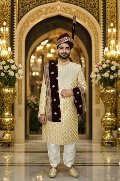 Barat Golden Sherwani with Kurta Pajama & Khussa & shaaall