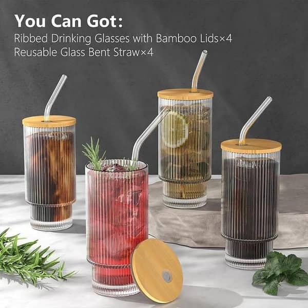 improted Glass Cups 16oz Ribbed Drinking Glasses with Lids and Glass Straws Glassware for Juice Cocktail Iced Coffee Cups|tumbler