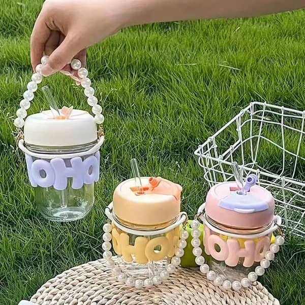 Imported  Cute Girl Transparent Glass Heat Resistant Tumbler With Pearl Chain Sipper Glass Cup Portable Double Drinking Aesthetic Coffee Mug With Straw Gift For College Girls Teen hoho Mugs for Gift