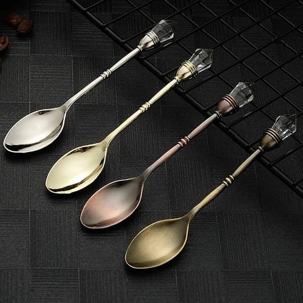 1 Piece Retro Golden/Silver Exquisite Crystal Head Coffee Spoon Mini Royal Style Metal Dessert Scoop Teaspoon Tableware Kitchen Tools