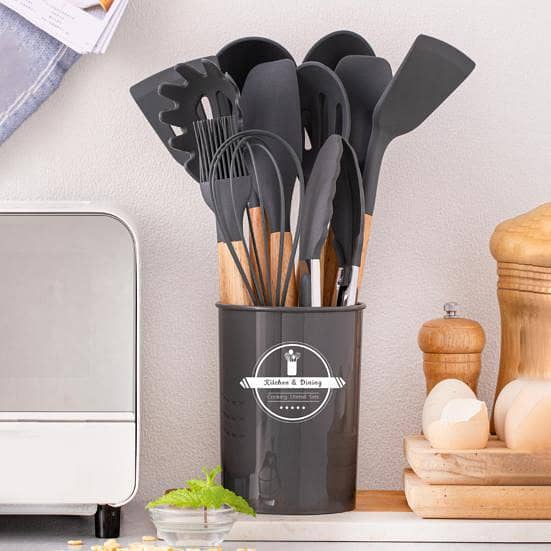 12 Pcs Silicone Cooking Utensils Kitchen Utensil Set - Heat Resistant Non-Toxic BPA Free Spatula Set with Turner Tongs,Spoon,Brush,Whisk-Wooden Handles Kitchen Gadgets Tools Set for Nonstick Cookware