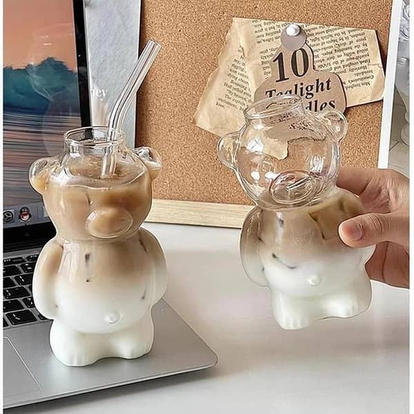 Cartoon Bear Shaped Coffee Mug Cute Bear Mug Glass Cup With Straw Transparent Creative Glass Juice Cup Milky Tea Cup