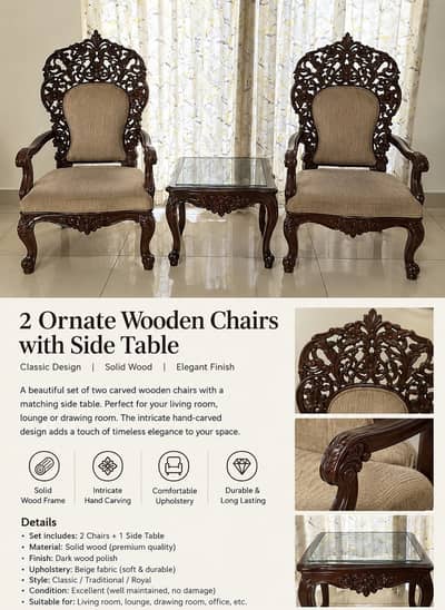 2 Antique Style Carved Wooden Chairs + Matching Table | 3-Piece Set
