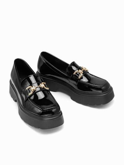 Women’s Black Loafers with Gold Buckle
