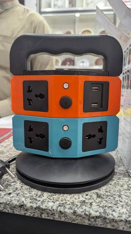 Vertical USB Charging Power Strip Tower – Multi-Outlet Universal Socket Extension Board with Retractable Cord Reel & Top Handle