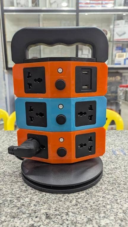 3-Tier Vertical Power Strip Tower – Multi-Outlet Universal Socket Extension Board with Dual USB Ports & Retractable Cord Reel