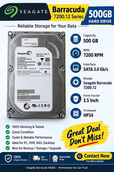 Seagate Barracuda 500GB HDD – 7200 RPM