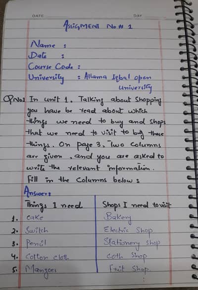 Handwritten assignment