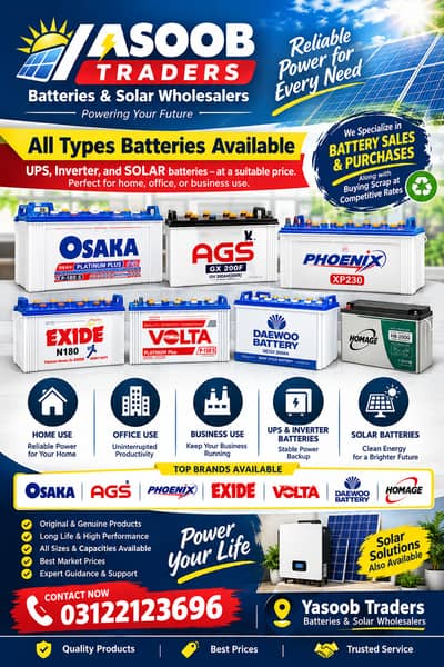 Yasoob Traders Daewoo,Osaka,AGS, Solar Lithium Batteries Wholesale